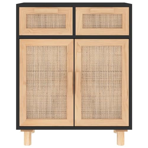 CIADAZ Aparador Negro Madera Pino Maciza y ratán Natural 60x30x75 cm, Aparadores para Salon, Aparador Entrada Recibidor, Aparador Cocina, Vitrinas para Salon, Muebles Auxiliares