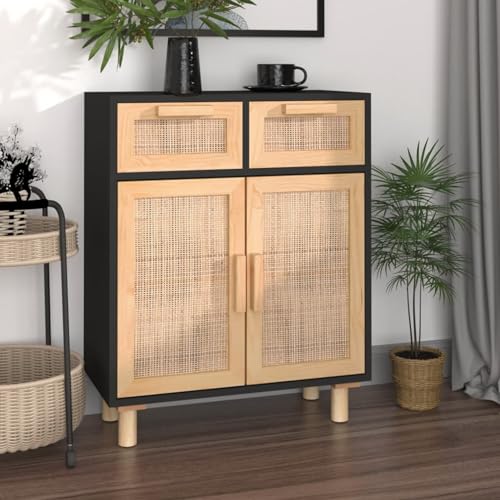 CIADAZ Aparador Negro Madera Pino Maciza y ratán Natural 60x30x75 cm, Aparadores para Salon, Aparador Entrada Recibidor, Aparador Cocina, Vitrinas para Salon, Muebles Auxiliares