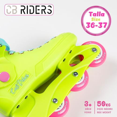COLORBABY CB Riders - Patines en línea, Color amarillo neón, Cierre ajustable con hebilla y cordones, Talla 36-37, + 3 años, Máximo 50 kg, Patinetes en línea infantiles (47555)