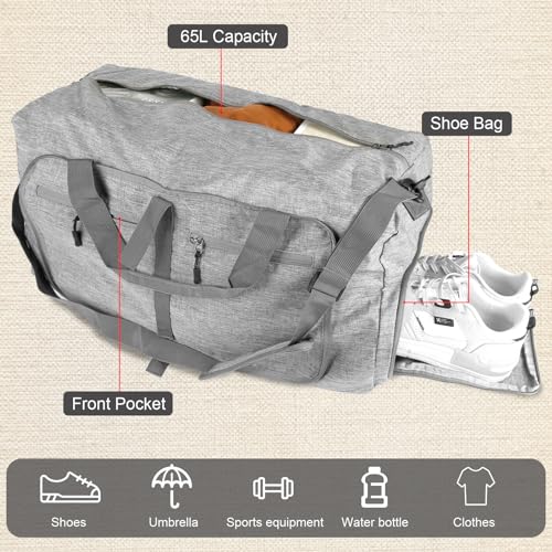 Comius Sharp 65L Bolsa de Viaje Mujer Hombre, Plegable Ligera Bolsa Deporte, Bolsa Grande de Fin de Semana con Compartimento Zapatos (Gris)