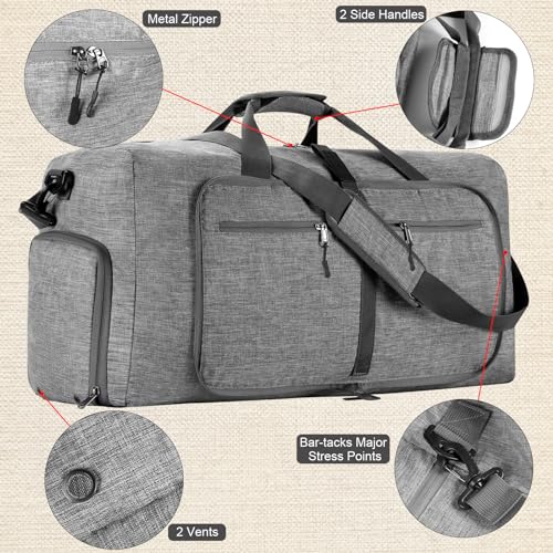 Comius Sharp 65L Bolsa de Viaje Mujer Hombre, Plegable Ligera Bolsa Deporte, Bolsa Grande de Fin de Semana con Compartimento Zapatos (Gris)