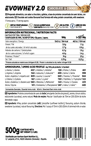 Concentrado de Proteína de Suero de HSN Evowhey Protein 2.0 | Sabor Chocolate Galletas 500 g = 17 Tomas por Envase | Whey Protein Concentrate | No-GMO, Vegetariano, Sin Gluten ni Soja