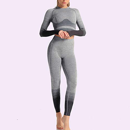 Conjunto Tops Yoga Seamless Gradient Yoga Top de Manga Larga Pantalon Deportivo Leggings Sin Costuras Mujer Alta Cintura Elásticos Fitness para Mujeres Gym Running Yoga (Negro, S)