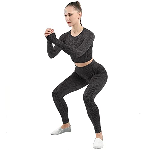 Conjunto Yoga 3 Piezas Ropa Fitness, Pantalones De Yoga Súper Elásticos Sin Costuras+Bralette para Mujer+Camiseta Deportiva De Manga Larga (Negro L)