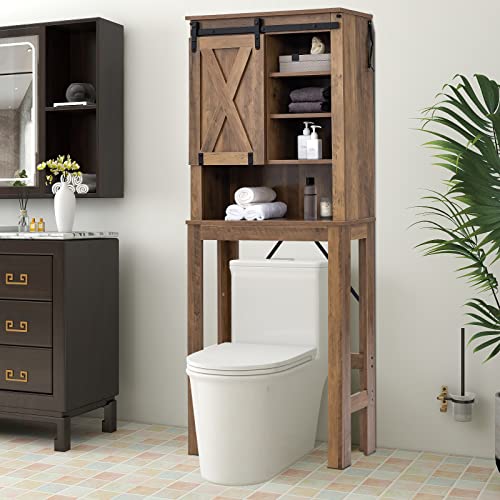 COSTWAY Armario de Almacenamiento sobre el Inodoro, Estantería Independiente con Puerta Deslizante & Estantes Ajustables de 3 Niveles, Mueble de Baño Multifuncional para Inodoros & Lavadoras, Marrón