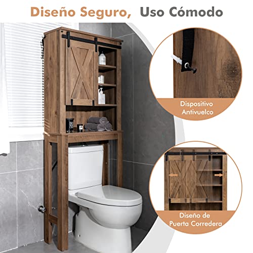 COSTWAY Armario de Almacenamiento sobre el Inodoro, Estantería Independiente con Puerta Deslizante & Estantes Ajustables de 3 Niveles, Mueble de Baño Multifuncional para Inodoros & Lavadoras, Marrón