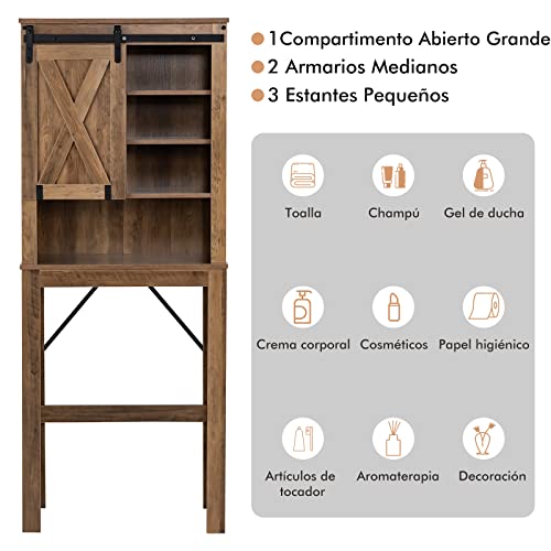 COSTWAY Armario de Almacenamiento sobre el Inodoro, Estantería Independiente con Puerta Deslizante & Estantes Ajustables de 3 Niveles, Mueble de Baño Multifuncional para Inodoros & Lavadoras, Marrón