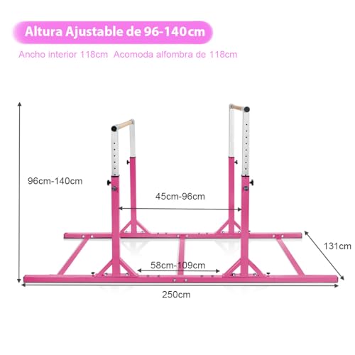 COSTWAY Barra de Gimnasia para Niños 6 a 12 años, Doble Barras, Barra Horizontal Gimnasio Artística con Ancho Ajustable y 11 Alturas, Capacidad de 100 KG (Rosa)