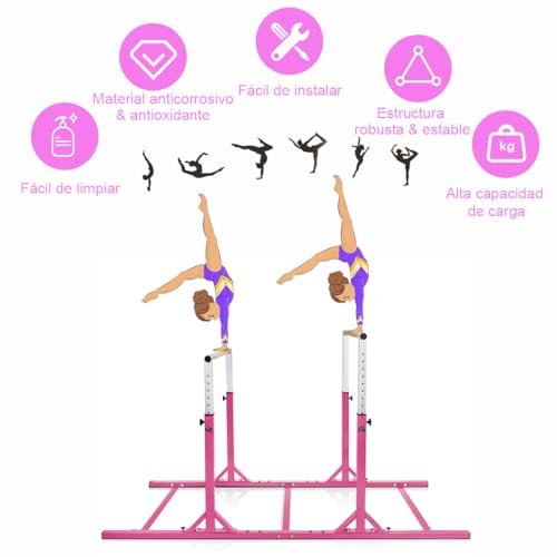 COSTWAY Barra de Gimnasia para Niños 6 a 12 años, Doble Barras, Barra Horizontal Gimnasio Artística con Ancho Ajustable y 11 Alturas, Capacidad de 100 KG (Rosa)