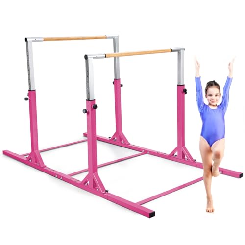 COSTWAY Barra de Gimnasia para Niños 6 a 12 años, Doble Barras, Barra Horizontal Gimnasio Artística con Ancho Ajustable y 11 Alturas, Capacidad de 100 KG (Rosa)