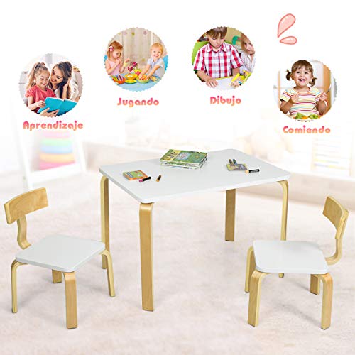COSTWAY Juego de 1 Mesa y 2 Sillas para Niños Grupo de Mueble de Madera para Cuarto de los Niños Sala de Estar (Blanco)
