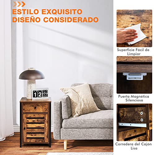 COSTWAY Mesita de Noche en Estilo Industrial, Mesita Auxiliar con Puerta de Persiana y Cajón, Armario con Repisa Regulable en Altura, Mesita para Salón Dormitorio Baño, Marrón Rústico 40 x 40 x 60 cm