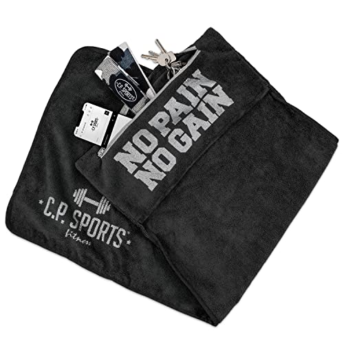 C.P. SPORTS Fitness Towel Microfibre | Fijación + Bolsa con Cremallera | Gimnasio Entrenamiento Deporte | Extra Suave, Lavable, Larga y Grande | para Mujeres y Hombres | Color Gris Claro