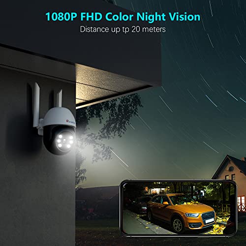 Ctronics Kit Camara Vigilancia WiFi Exterior, 1080P con Visión Nocturna en Color, Detección de Personas Seguimiento Automático,Pan 350°Tilt90° Audio Bidireccional, IP66(1 pulgada)