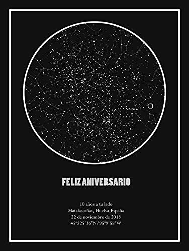 Cuadro Mapa Estelar Personalizado. Mapa de estrellas con tu fecha y posición. Regala un trozo de cielo. (20x30cm)