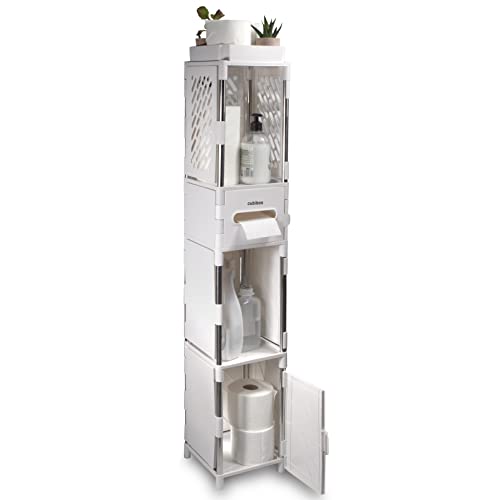 CUBIBOO®️ Mueble Auxiliar Baño Blanco en Plástico 4 Alturas (105x20x20 CM) | Armario Baño, Cocina y Despensa Pequeño en Polipropileno | Mueble Auxiliar Multifuncional