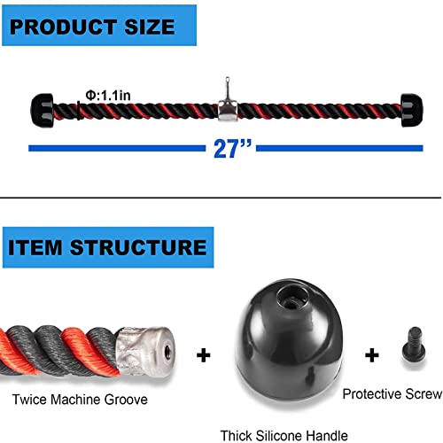 Cuerda Tríceps Bíceps Mango Largo para Trabajo Pesado Nailon Cuerda Extremos de Goma Maciza con Mosquetón para Culturismo Gimnasio Accesorios (Rojo 70CM)