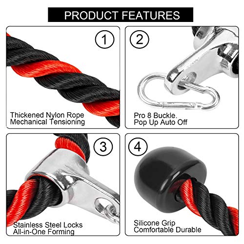 Cuerda Tríceps Bíceps Mango Largo para Trabajo Pesado Nailon Cuerda Extremos de Goma Maciza con Mosquetón para Culturismo Gimnasio Accesorios (Rojo 70CM)