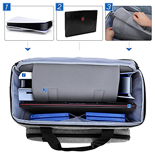 CURMIO Bolsa PS5, Bolsa Transporte PS5, Estuche para PS5, Bolsa de Viaje Compatible con PS5, PS4, PS4 Pro, Bolsa Consola, Controladores, Juegos y Accesorios,Gris(Sólo Bolsa, Patente Pendiente)