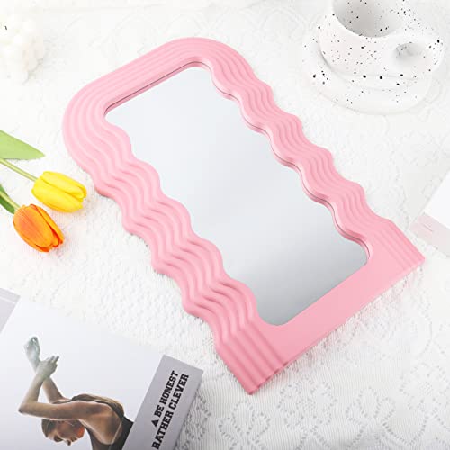 DaizySight Espejo Ondulado Irregular para decoración estética de Dormitorio, Bonito y Elegante Acabado Mate, Marco de plástico para decoración de tocador, Escritorio, Color Rosa