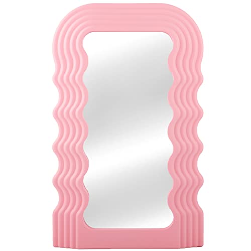DaizySight Espejo Ondulado Irregular para decoración estética de Dormitorio, Bonito y Elegante Acabado Mate, Marco de plástico para decoración de tocador, Escritorio, Color Rosa
