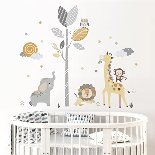 decalmile Pegatinas de Pared Animales de la Jungla Árbol Vinilos Decorativos Safari Jirafa Elefante León Adhesivos Pared Habitación Infantiles Niños Bebés Guardería