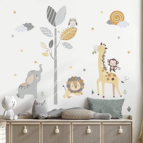 decalmile Pegatinas de Pared Animales de la Jungla Árbol Vinilos Decorativos Safari Jirafa Elefante León Adhesivos Pared Habitación Infantiles Niños Bebés Guardería