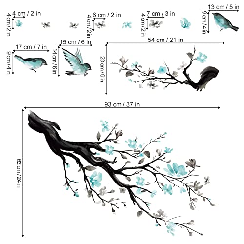 decalmile Pegatinas de Pared Árbol de Flores Azul Vinilos Decorativos Aves en Rama Árbol Adhesivos Pared Dormitorio Salón Oficina