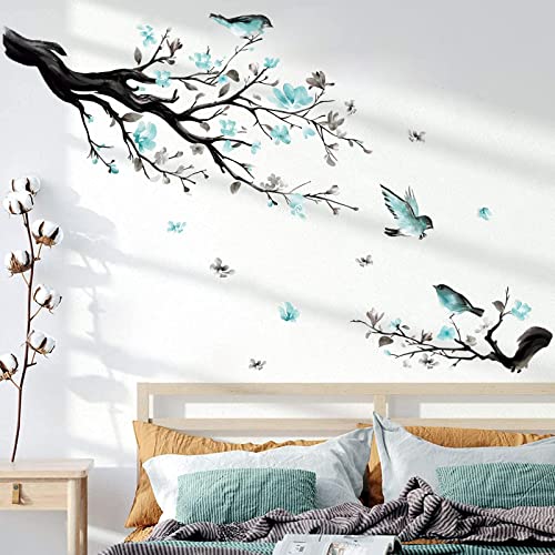 decalmile Pegatinas de Pared Árbol de Flores Azul Vinilos Decorativos Aves en Rama Árbol Adhesivos Pared Dormitorio Salón Oficina