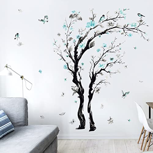 decalmile Pegatinas de Pared Árbol de Flores Azul Vinilos Decorativos Flor Acuarela Pájaros Adhesivos Pared Dormitorio Salón Oficina