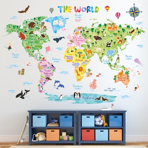 DECOWALL DL3-1615 Extra Grande Mapamundi Animales (140x106 cm) (English Ver.) Vinilo Pegatinas Decorativas Adhesiva Pared Dormitorio Saln Guardera Habitaci Infantiles Nios Bebs