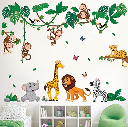 DECOWALL DSL-8069 Cartoon animal de la jungla Stickeres murales para niños murales Enfermera Decal cuarto para niños Niña Niñita Niñita de los árboles bosques Casa del león Tigre Mono