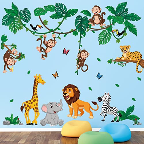 DECOWALL DSL-8069 Cartoon animal de la jungla Stickeres murales para niños murales Enfermera Decal cuarto para niños Niña Niñita Niñita de los árboles bosques Casa del león Tigre Mono