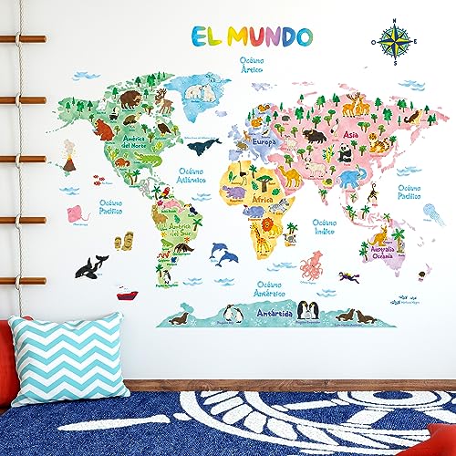 DECOWALL SG2-1615SES Animal World Map Niños Pegatinas de pared Habitación de niños Dormitorio Sala de estar Decoraciones Color Niños Niñas Educación Sala de juegos en todo el mundo