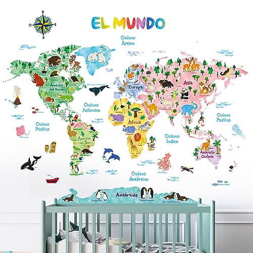 DECOWALL SG2-1615SES Animal World Map Niños Pegatinas de pared Habitación de niños Dormitorio Sala de estar Decoraciones Color Niños Niñas Educación Sala de juegos en todo el mundo