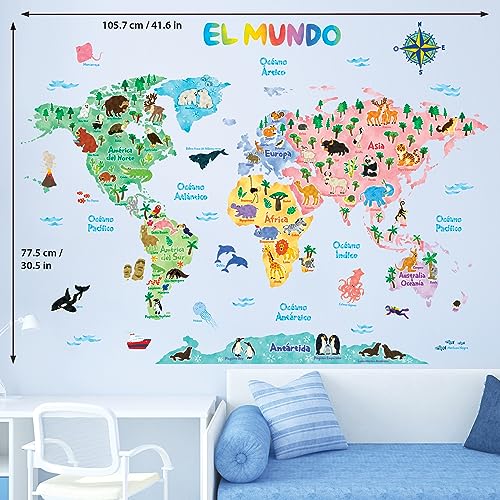 DECOWALL SG2-1615SES Animal World Map Niños Pegatinas de pared Habitación de niños Dormitorio Sala de estar Decoraciones Color Niños Niñas Educación Sala de juegos en todo el mundo