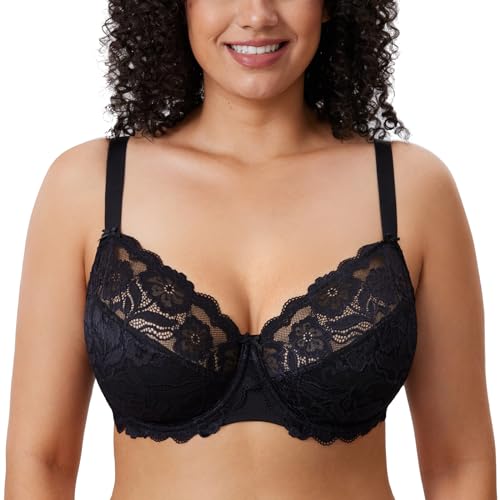 DELIMIRA - Sujetador Copa Completa En Encaje Elástico Floral para Mujer Negro 95G