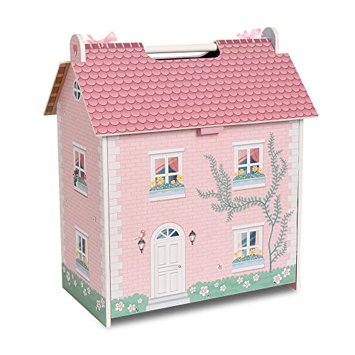 DEQUBE- Casa de muñecas de Madera portatil - Casita de Juguete de 2 Pisos con buhardilla y jardín con Asas para Transportar fácilmente- Incluye 7 Accesorios de Juego - Tamaño 39X34,5X18 (913D00017)