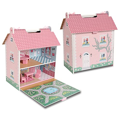 DEQUBE- Casa de muñecas de Madera portatil - Casita de Juguete de 2 Pisos con buhardilla y jardín con Asas para Transportar fácilmente- Incluye 7 Accesorios de Juego - Tamaño 39X34,5X18 (913D00017)