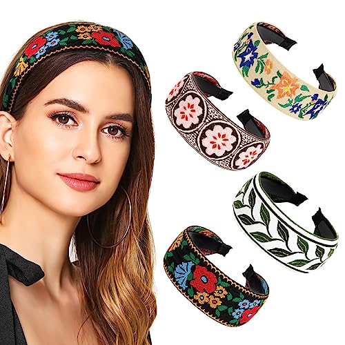Diademas Bohemias Anchas de Bordado de Flores Diadema de Estilo Étnico Vintage, Elástica Turbantes Nudo Bandas para Mujeres Niñas Accesorios de Pelo (4pcs)