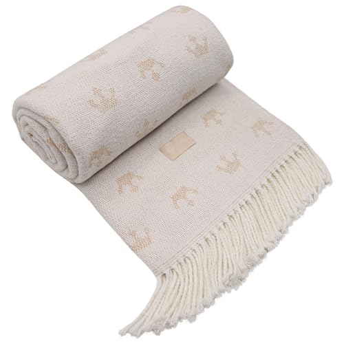 DomSoeiro | Manta para Sofá & Manta para Cama | Bufanda de Invierno | Algodón Suave y Caliente 127x177cm - Jacquard de 380GSM - Hecha en Portugal (Blanco & Beige)
