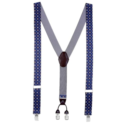 DonDon Tirantes hombre anchos 3,5 cm con 4 clips extra fuertes tirantes para pantalones hombre y parche de cuero marrón azul obscuro con dibujos