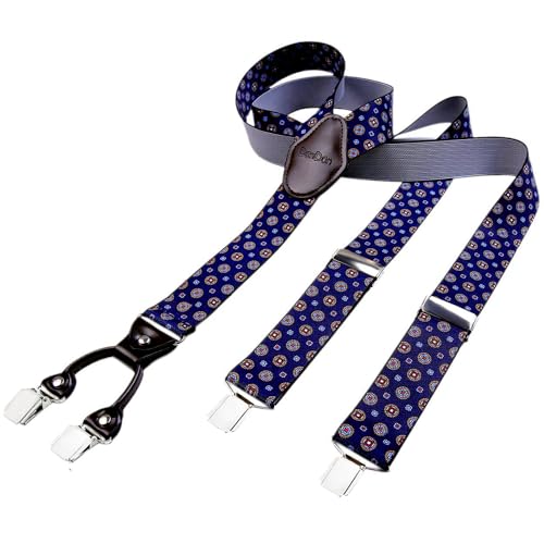 DonDon Tirantes hombre anchos 3,5 cm con 4 clips extra fuertes tirantes para pantalones hombre y parche de cuero marrón azul obscuro con dibujos
