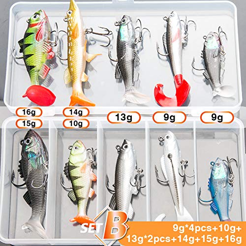 DONQL Kit de señuelos de pesca suaves, señuelos de pesca para truchas de agua dulce, lubina, salmón, incluye cebos giratorios vivos, cebos de silicona artificiales con caja (10 unidades)