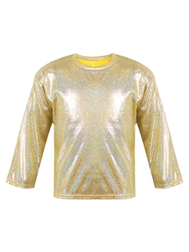 dPois Camiseta Manga Corta para Niña Camiseta de Metálico Brillante Lentejuelas Top Fiesta Actuación Camiseta de Danza Hip Hop Otoño Casual Unisex Dorado 5-6 años