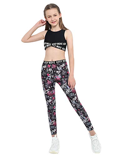 dPois Ropa Deportiva Niñas Chandales Estampados Crop Top Corto y Pantalones Leggings Deporte Chicas Chalecos Deportivos Danza Conjuntos Gym Yoga Fitness Balck y rosa rojo 13-14 años