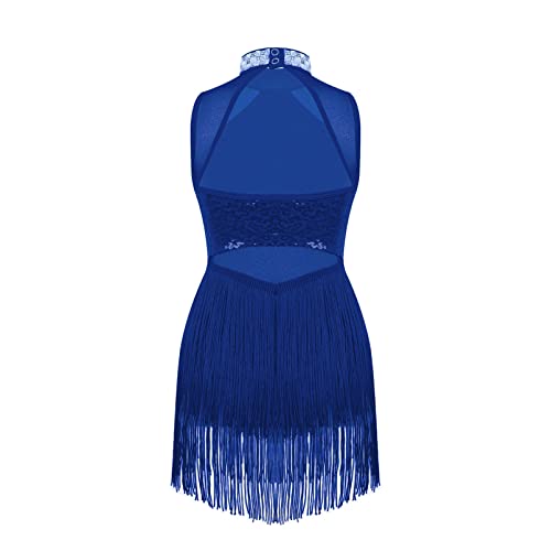 dPois Vestido de Baile Latina para Niña con Flecos Maillot de Ballet Danza Lentejuelas Body de Danza Traje de Baile Salsa Samba Disfraz de Bailarina A Azul 11-12 años