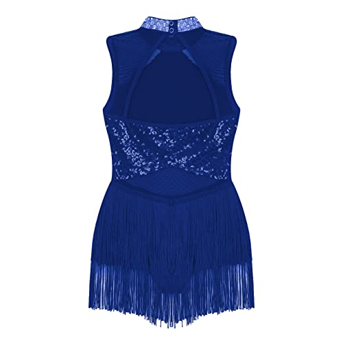 dPois Vestido de Baile Latina para Niña con Flecos Maillot de Ballet Danza Lentejuelas Body de Danza Traje de Baile Salsa Samba Disfraz de Bailarina A Azul 11-12 años