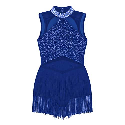 dPois Vestido de Baile Latina para Niña con Flecos Maillot de Ballet Danza Lentejuelas Body de Danza Traje de Baile Salsa Samba Disfraz de Bailarina A Azul 11-12 años