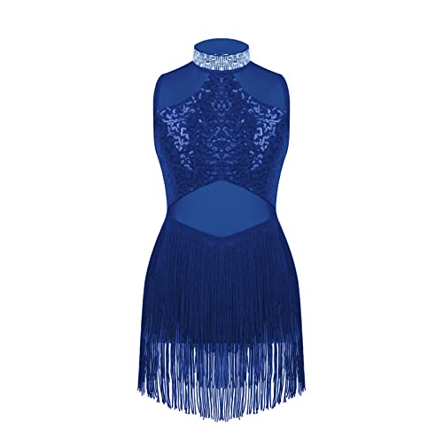 dPois Vestido de Baile Latina para Niña con Flecos Maillot de Ballet Danza Lentejuelas Body de Danza Traje de Baile Salsa Samba Disfraz de Bailarina A Azul 11-12 años